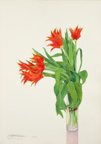Gary Bukovnik Watercolor Still Life with Red and Yellow Tulips