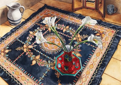 Nancy Hagin 1983 watercolor Lilies and Brocade
