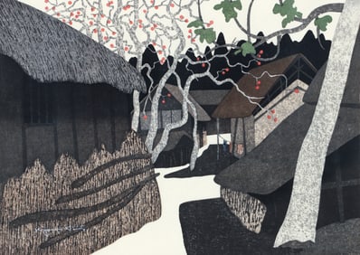 Kiyoshi Saito 1973 color woodcut Kaki in Aizu 3