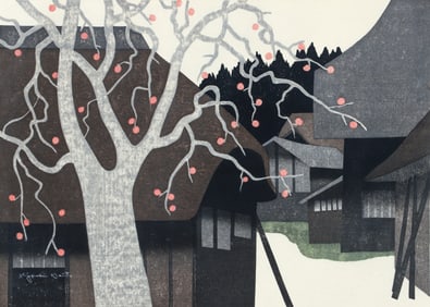 Kiyoshi Saito 1973 color woodcut Persimmon in Aizu 7