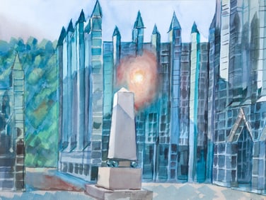 Henry Koerner 1986 watercolor Downtown Buildings and Obelisk
