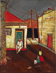 Leonard Lieb Social Realist Hill District Scene Oil on Board