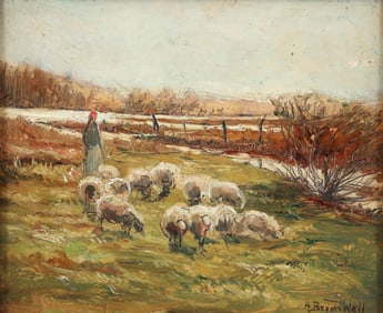 A. Bryan Wall painting Last Snow Sheep Along a Creek