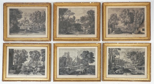 6 framed Poussin 18th Century engravings by Etienne Baudet