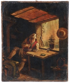 Attr. Cornelius David Krieghoff Oil on Board Man at Window