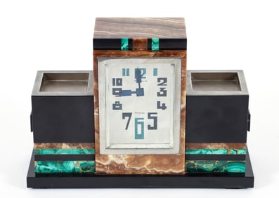 E. Gubelin Art Deco Malachite and Onyx Mantel Clock
