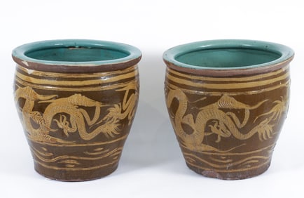 Pair of Large Antique Chinese Dragon Egg Pots