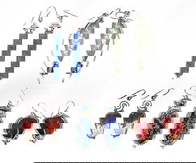 5 Pairs of Shano Earrings: 5 pairs of Shano earrings with bezel set stones, includes agate, sodalite, blue topaz, nephrite, and carnelian, sterling silver, some with gold filled detailing, all incised "Shano," no metal markings