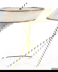 Gerald Thurston for Lightolier Tri Form Base Table Lamp: Gerald Thurston (American, b. 1914) for Lightolier tripod table lamp, Mid Century Modern, American, 1955. Brass, steel, enamel. Perforated diffusers at top and surrounding the socket. Original shade.