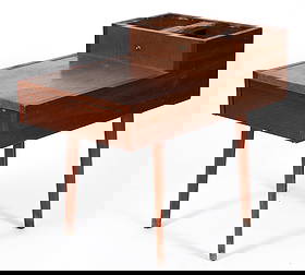 George Nelson for Herman Miller Planter Side Table: George Nelson for Herman Miller model 4634 planter side table, 1940s. Walnut case, resting on tapered legs. Faux leather top surface. The lamp is missing, but the wiring remains. 26 x 19 x 30 inches.