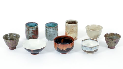 9 Contemporary Tea Bowls including Japanese and Possibly Warren MacKenzie