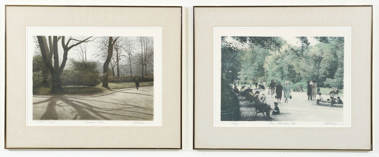 2 Harold Altman Lithographs Signed: Altman, Harold (American, 1924-2003), 2 color lithographs. FIRST: Shadows, 1982, pencil signed, titled, dated, and editioned artist's proof at lower margin. SECOND: Parc Monceau, 1980, pencil signed,