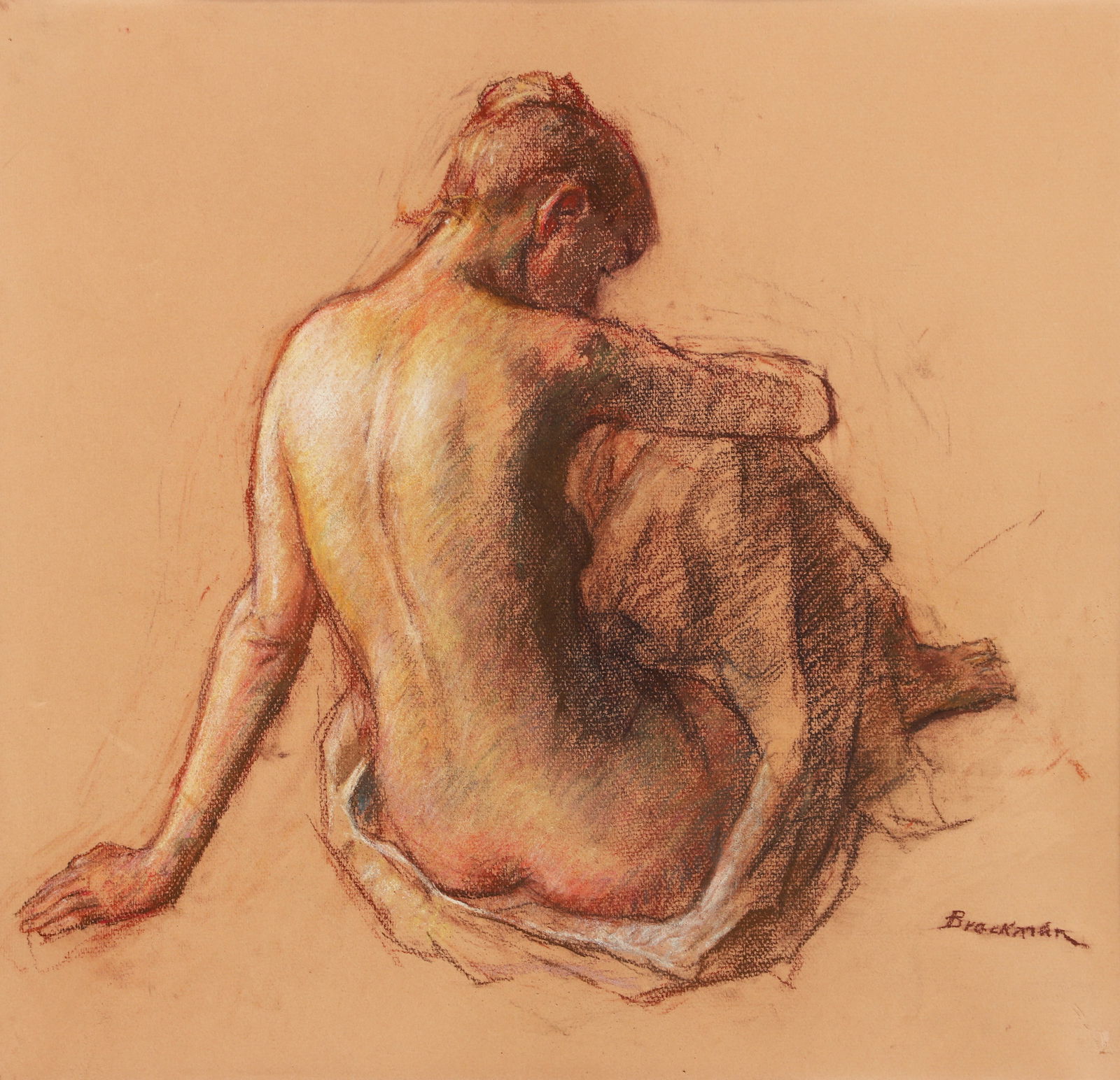 Robert Brackman Pastel Figure Study Seated Nude Woman: Brackman, Robert (Ukrainian/American, 1898-1980), Figure Study of a Seated Nude Woman, undated, pastel on heavy paper, signed lower right, sheet size 19.5 x 23.5 inches, matted and framed 27 x 27.5 in