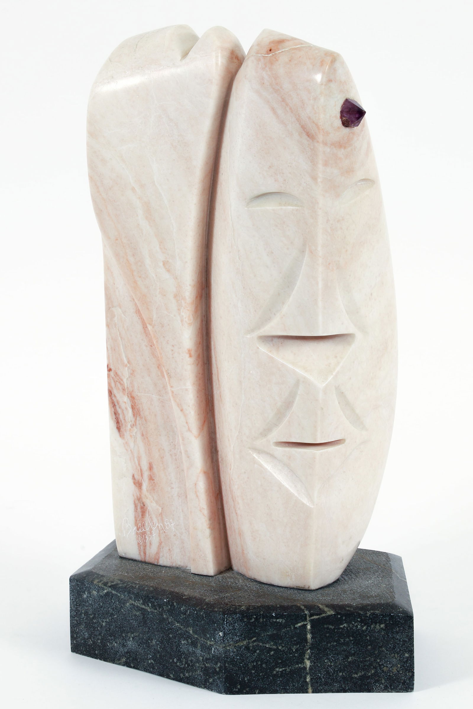 David Breeden Psychic Eye Alabaster Sculpture 1987: Breeden, Conway David (American, 1938-2006), Psychic Eye, 1987, Colorado alabaster and amethyst, attached to original base, signed and dated at lower edge, numbered 1337, sculpture measures 16.5 x 9 x