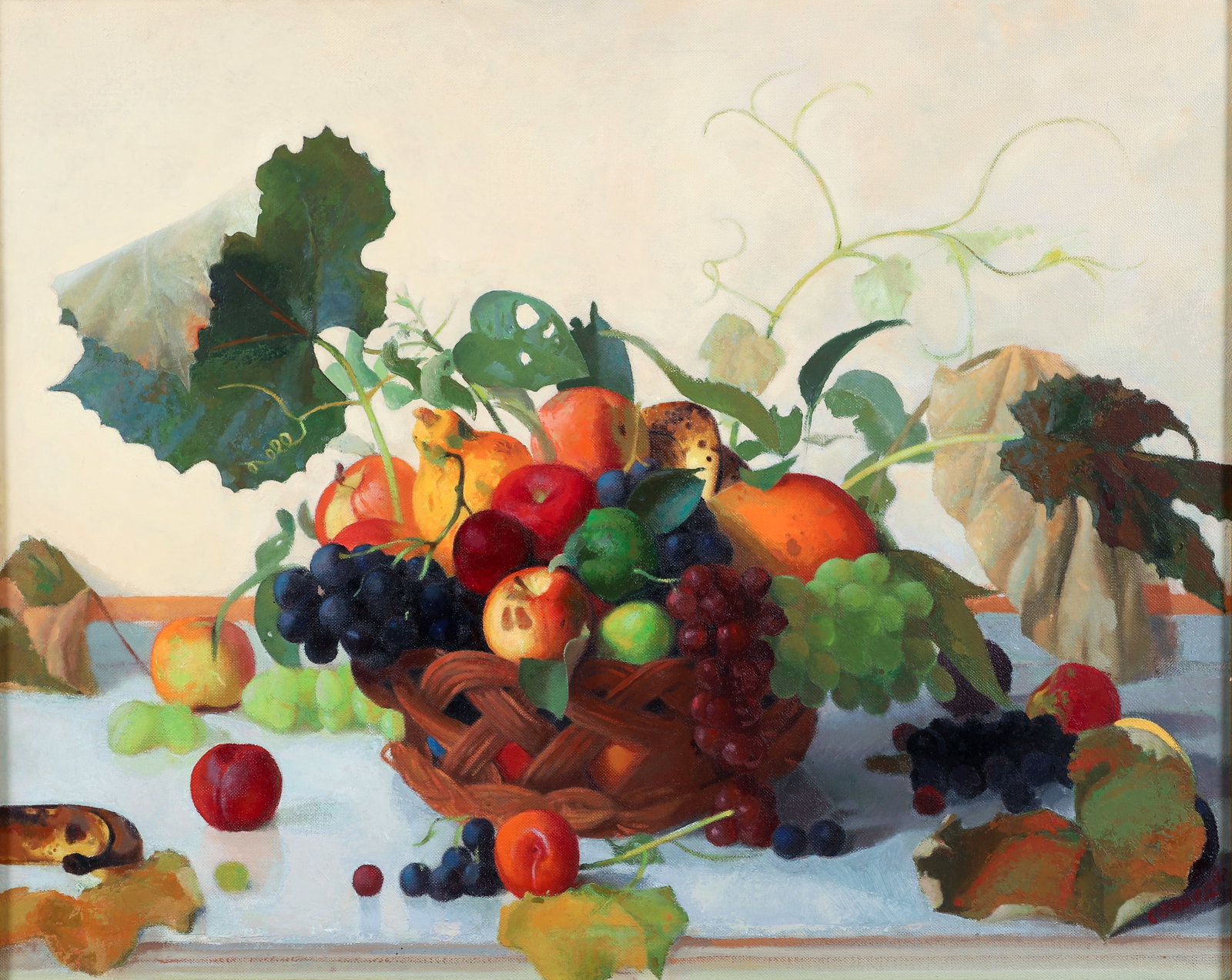 Thomas Cornell 1982 oil Still Life with Grape leaves: Cornell, Thomas (American/Maine, 1937-2012), Still Life with Grape leaves, 1982, oil on canvas, 24 x 30 inches, signed lower right, and signed and dated on the canvas reverse, framed in a gold leaf fr