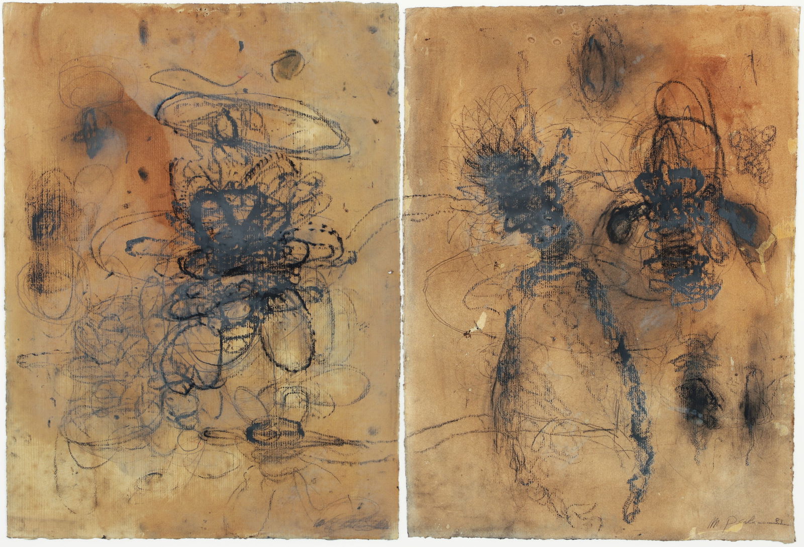 Mark Perlman 1988 mixed media diptych work on paper: Perlman, Mark (American, born 1950), Untitled, 1988, mixed media diptych on laid paper, 26.5 x 39 inches, signed and dated lower right, framed measuring 36 x 48 inches