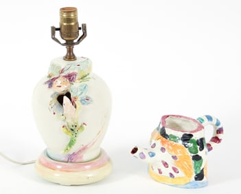 2 Ann Frantic Painted Ceramic Lamp and Teapot