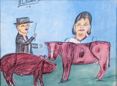 Shields Landon Jones 1994 watercolor drawing Man and Woman with Cow and Pig