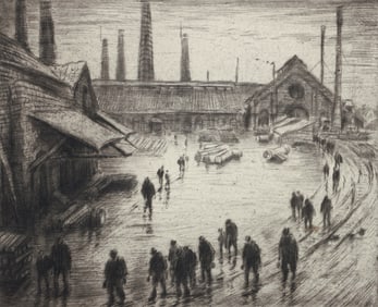 Modernist Etching Factory Workers Leaving the Shift Signed