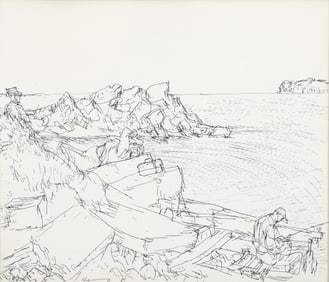 Henry Koerner 1960s pen and ink Fisherman in a Cove