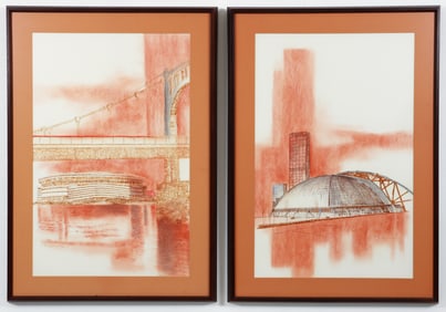 Charles Pitcher pair of Mixed Media Drawings Pittsburgh Stadiums 1974