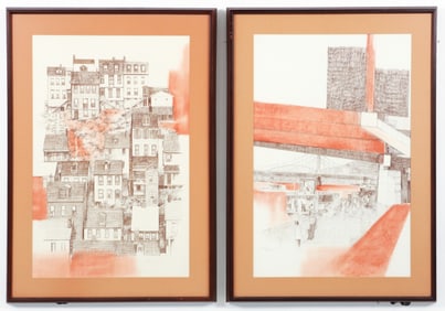 Charles Pitcher pair of Mixed Media Drawings Pittsburgh Neighborhoods 1974