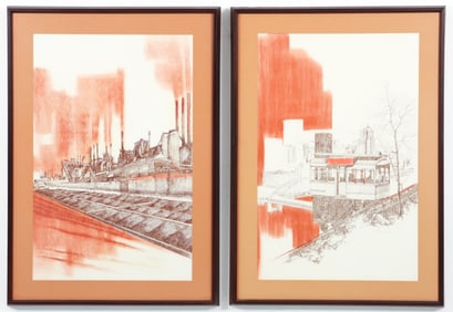 Charles Pitcher pair of Mixed Media Drawings Pittsburgh 1974