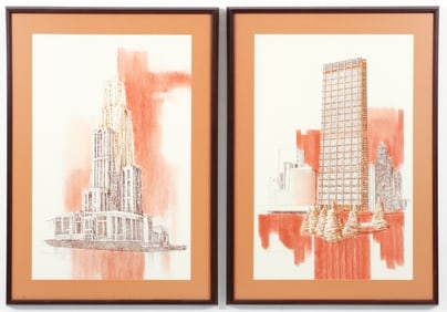 Charles Pitcher pair of Mixed Media Drawings Pittsburgh Buildings 1974