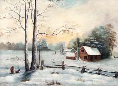 19th Century Western PA Naive School painting Winter Landscape