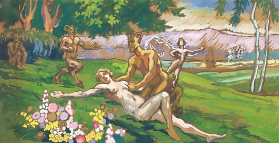 French Art Nouveau gouache Idyllic Fauns and Nudes