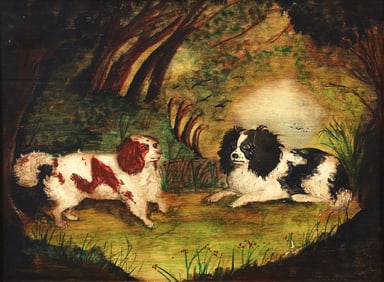 Two Dogs in a Classical Landscape painting