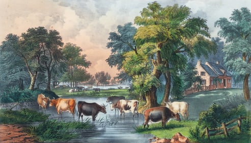 Currier and Ives 19th Century hand colored litho Landscape And Cattle