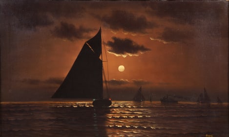 Moonlit Seascape Oil on Canvas in the style of Edward Moran