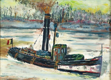 20th Century French Packet Boat on the River oil on canvas