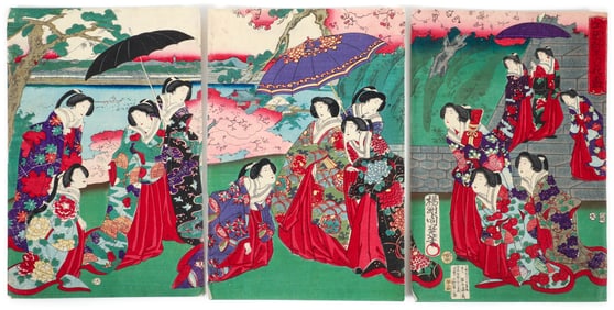 Chikanobu Empress Viewing Cherry Blossoms Ukiyo-e Triptych