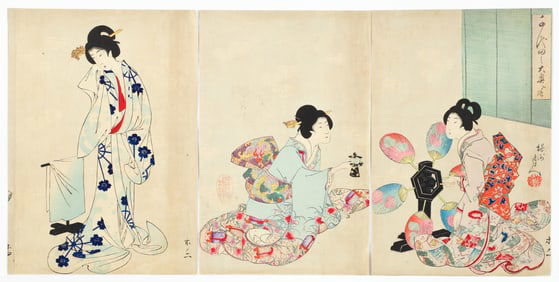 Chikanobu woodblock 1895 triptych Chiyoda Castle After the Bath