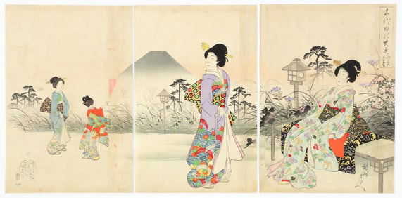 Chikanobu woodblock triptych Chiyoda Castle (Album of Women)