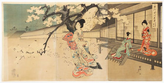Chikanobu color woodcut Night Cherry Blossom Viewing in the Garden