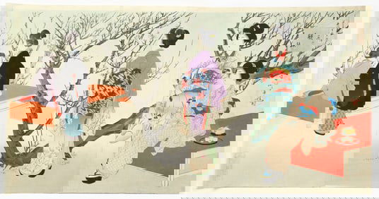 Chikanobu color woodblock triptych Plum Viewing, 1891