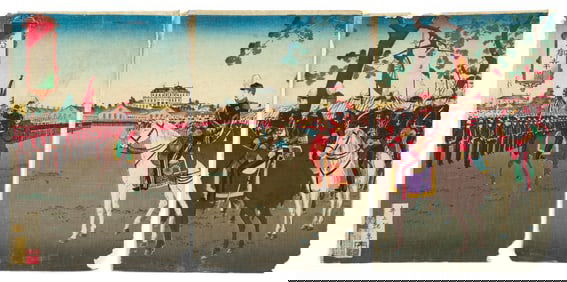 Tankei Inoue 1889 triptych of Military Review by the Emperor