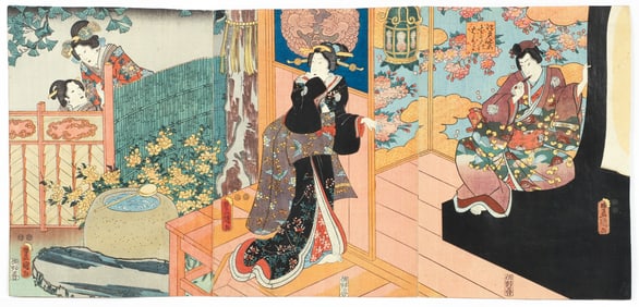 Toyokuni III woodblock triptych circa 1850 Hahakigi Chapter II
