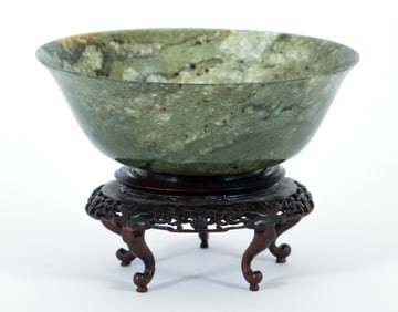 Chinese Spinach Jade Bowl on fitted wood stand
