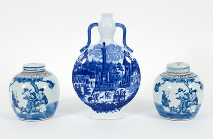 3 pieces Blue and White Porcelain, 2 Chinese and European Flask Vase