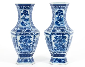 Pair of Chinese Blue and White 6 sided Baluster Vases