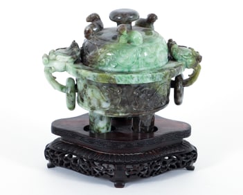 Carved Jade hardstone Lidded Urn with Fu Dogs