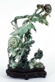 Chinese Carved Jade or Hardstone Flowering Tree with Birds