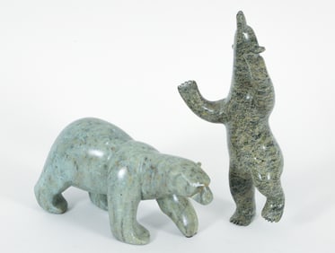 2 carved soapstone Inuit Polar Bears