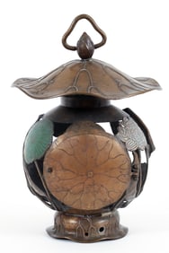 Antique Japanese Metal Hanging Lantern with Lotus Flower