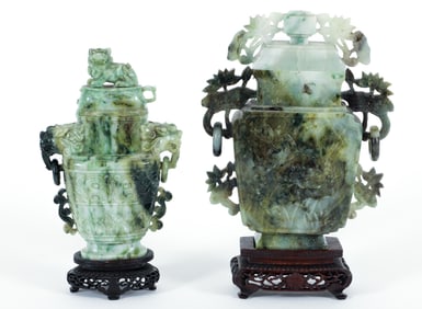 2 lidded carved jade vases with ring handles