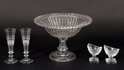 Crystal Compote, 2 Bakewell Champagne Flutes, 2 Salt Cellars